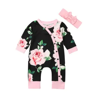 

Toddler Infant Baby Girl Romper Clothes Flower Long Sleeve Spring Buttons Floral Clothing Black Jumpsuit Clothing Outfit