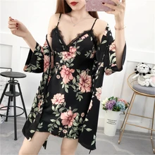 Женский банный халат на бретелях с v-образным вырезом; комплект ночного халата из двух предметов с принтом; Модный комплект ночного белья для дома; одежда для сна