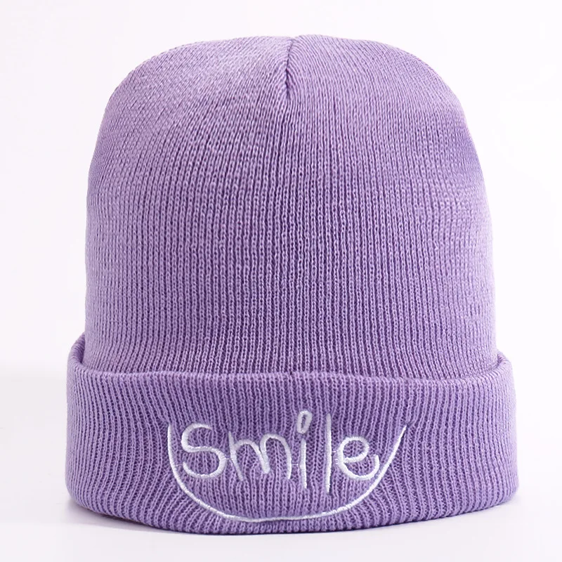SMILE-Light purple Зимние шапки для женщин, Новые Вязаные шапки, одноцветные милые шапки для девочек, осенние женские шапки, теплые шапки, женские повседневные Шапки - Цвет: SMILE-Light purple