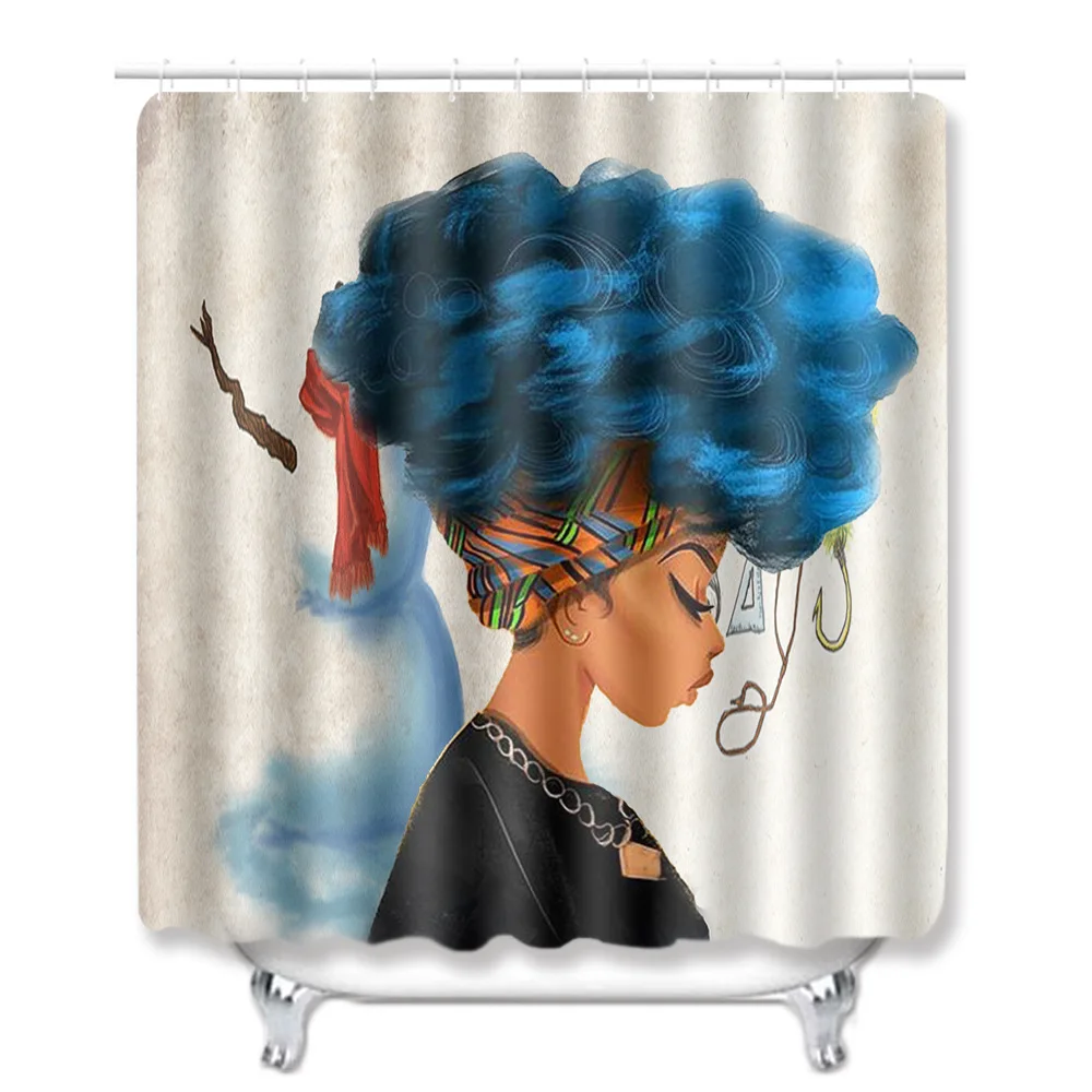 Fashion African Woman Pattern Polyester Shower Curtain Set Non Slip Rugs Carpet for Bathroom Toilet Flannel Bath Mat