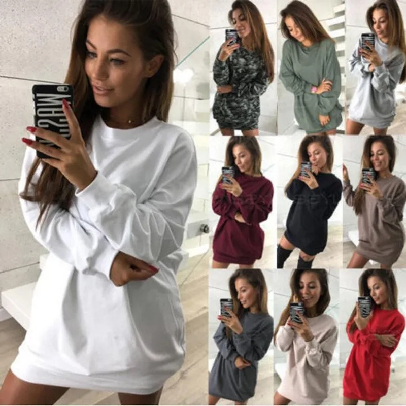 

2020 Popular Autumn and Winter New Fashion Casual Simple Style round Neck Solid Color Mid-Length Temperament Dress Women