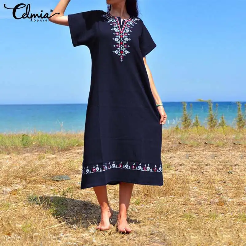 

2019 Celmia Vintage Printed Long Shirt Dress Plus Size Women Sundress Short Sleeve Casual Loose A-line Midi Vestidos Robe Mujer