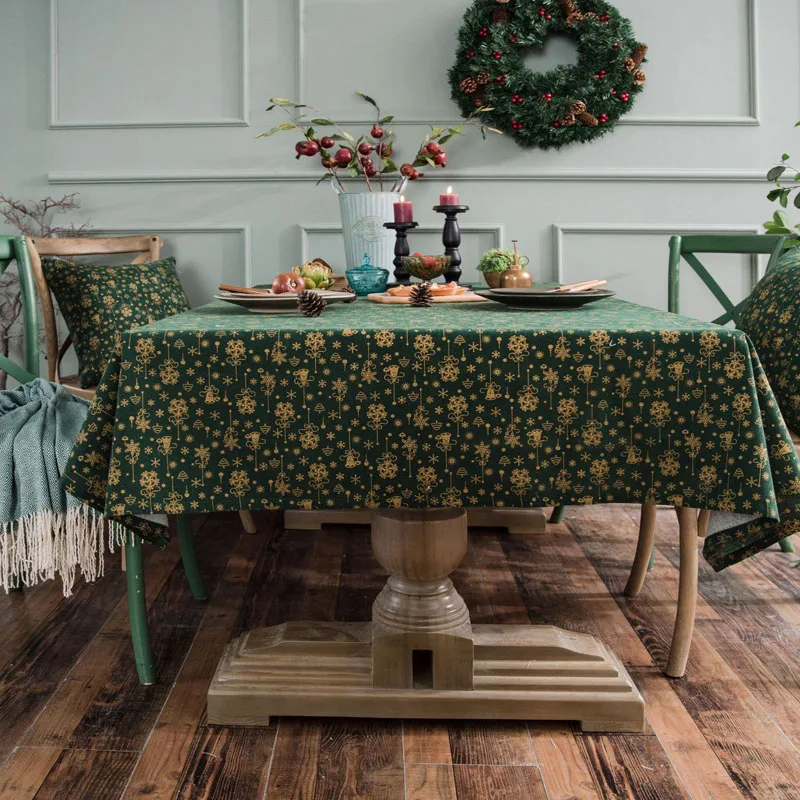 Christmas Green Table Cloth Dinner Party Aeolian Bells Printing Rectangle Cotton Linen Festival Table Cloth Cover Decorations