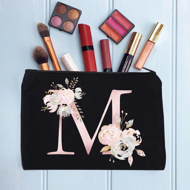 Women's Cosmetic Makeup Bags Female Organizer Pink Flower 26 Letters School Pencil Cases Carrying Bag for Coin Purse pink flower M