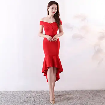 

Bride toast clothing wedding new short paragraph one shoulder fishtail slim red evening dress female simple generous dress skirt