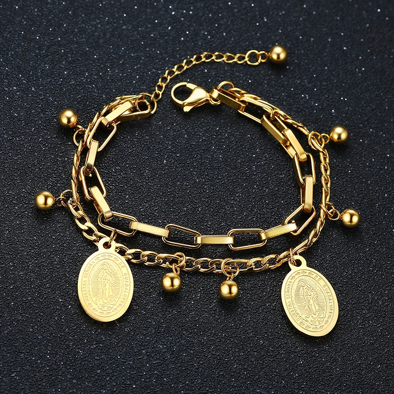 Золотой девственный браслет Mary Двойной медальон для матери изящный браслет из нержавеющей стали с бусинами регулируемые подарки