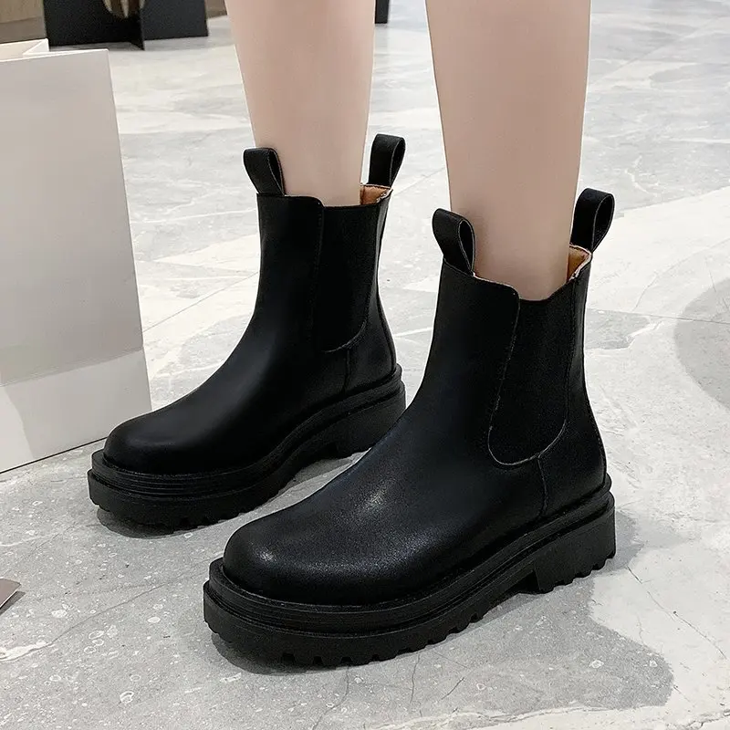 New Fashion Women's Boots Slip on Ankle Mid Calf Boot PU Leather Comfor Sexy Outdoor Ladies Shoes Non Slip Soft Footwear Woman