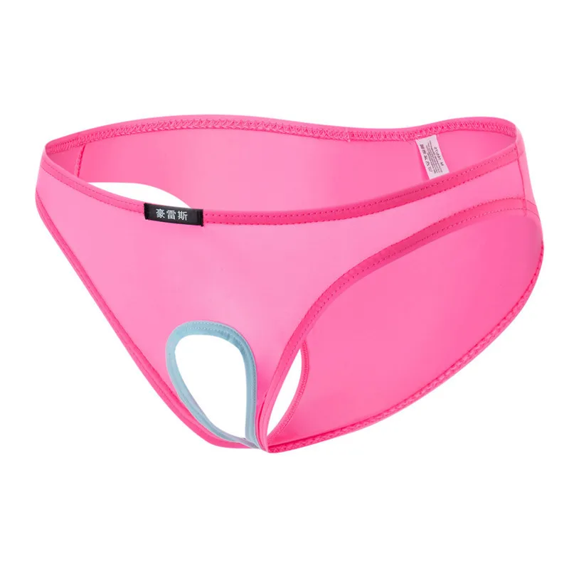 Penis Hole Pouch Underwear Open Mens Erotic Briefs Exposed Cock Gay Sexy Underwear Sissy Ice Silk Panties M-XXL men stretch g string panties,men stretch thong underwear,men patent leather briefs