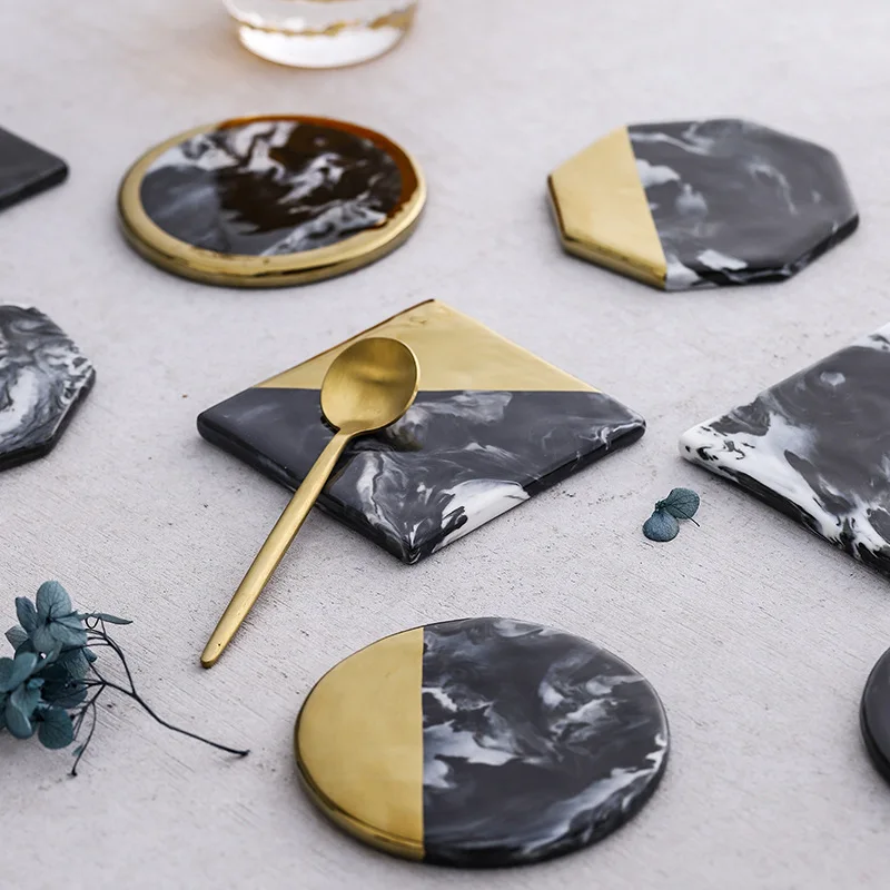 2Pcs Nordic Marble Coaster Ceramic Coasters Black &amp Gold Non-slip Insulation Mat Round Square Octagon Cup Home Table Decor | Дом и сад