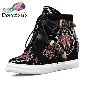 

DORATASIA New Fashion Women Thick Sole Height Increasing High Heels Zip Buckle Shoes Embroider Boots Women Ankle Boots