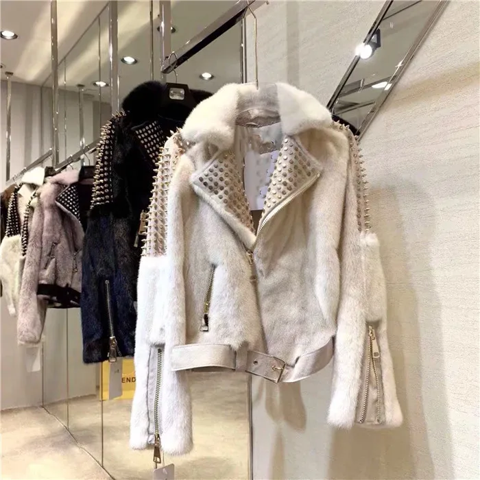Зимнее женское пальто из искусственного меха норки, свободная верхняя одежда, мода, утолщенная теплая белая куртка, меховая куртка с заклепками, пальто на молнии в стиле рок, женская одежда - Цвет: white