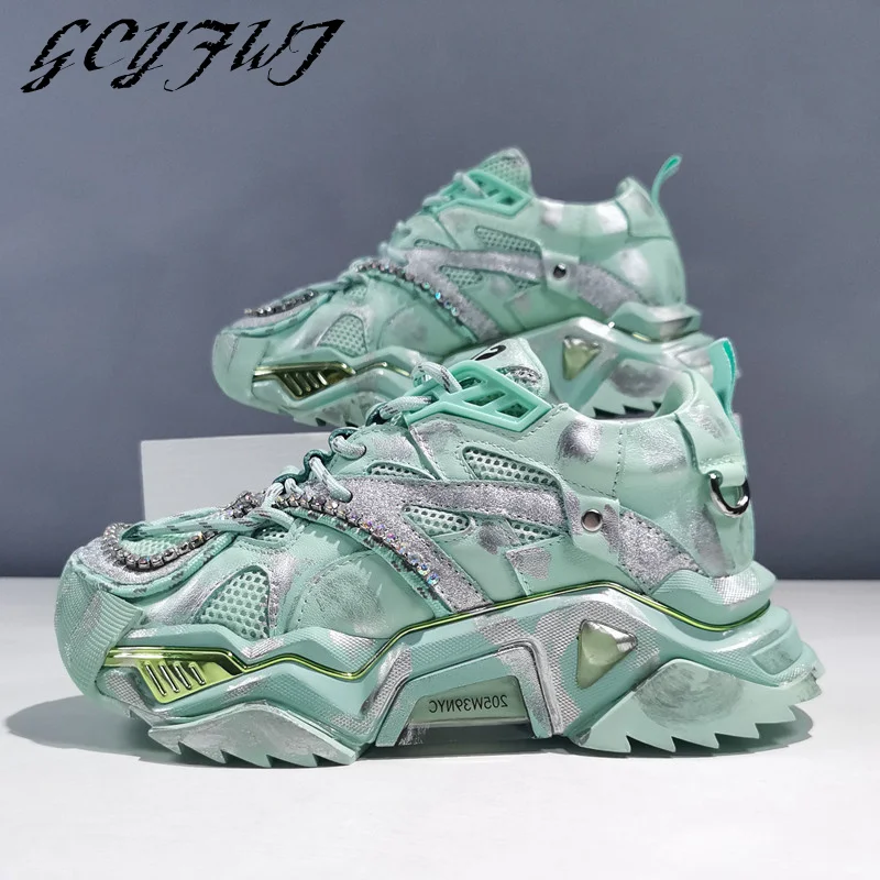 

Women Sneakers Rhinestone Genuine Leather Casual Thick Bottom Zapatos De Mujer Lace-Up Shallow Cool Flat Platform Female Shoes