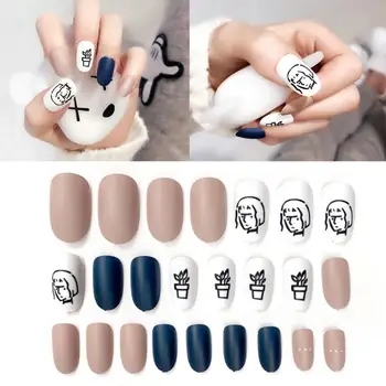 

24pcs Matte Acrylic Fake Nails Tips Girl Plants Pattern French False Nails Nail Art Extension Tips With Double-sided Sticker