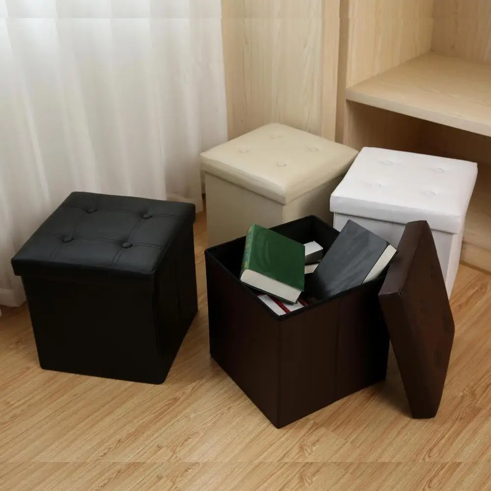 

15" Inch Foldable Ottoman Storage Stool Leather Footstool Storage Box Small Sofa Chair Bench Box Home Organizers Box