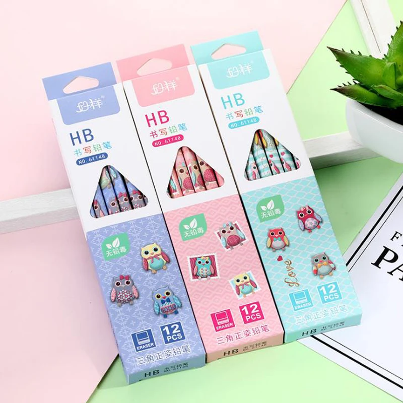 

12 Pcs/pack Cartoon Animal Owl HB Wooden Standard Pencils with Eraser Stationery Wooden Lead Pencils School Students Gifts