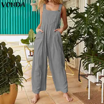 

VONDA Summer Women Wide Leg Pants 2020 Summer Rompers Jumpsuits Casual Loose Cotton Overalls Solid Strap Pants Plus Size