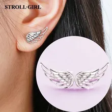 Strollgirl Genuine 925 Sterling Silver Earrings Hollow Feather Fairy Wings Stud Earrings for Women Fashion Jewelry gifts