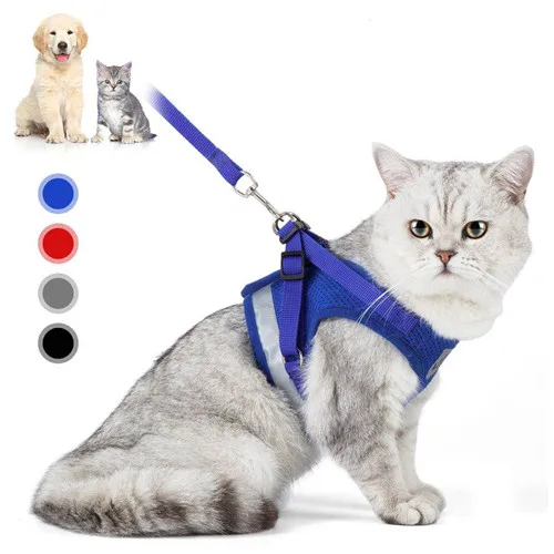 blue Cat Harness And Leash Set Adjustable Reflective Cat Harness Soft Padded Jacket Chihuahua Dog Harness Vest - Цвет: blue