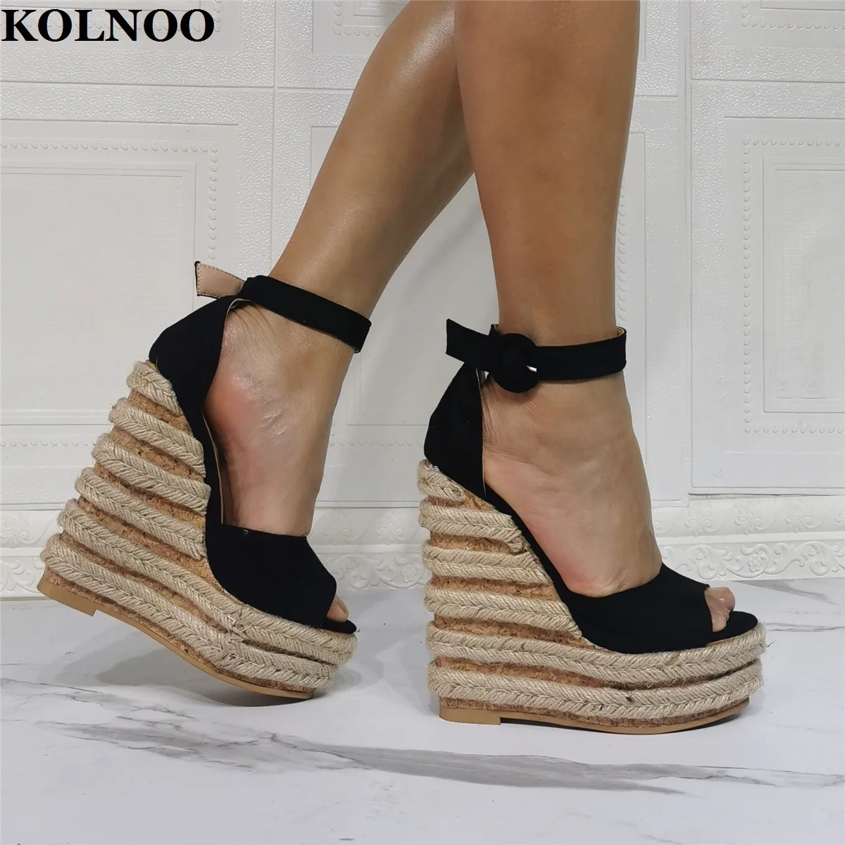 

KOLNOO 2022 Handmade New Arrival Ladies Wadges Heel Sandals Buckle Ankle Strap Real Photos Peep-Toe Kid-Suede Sexy Fashion Shoes