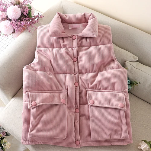 Corduroy Vest Women Fall Winter Cotton Coat New Korean Version Short Corduroy Stand Collar Waistcoat Big Pocket Vest - Цвет: Розовый