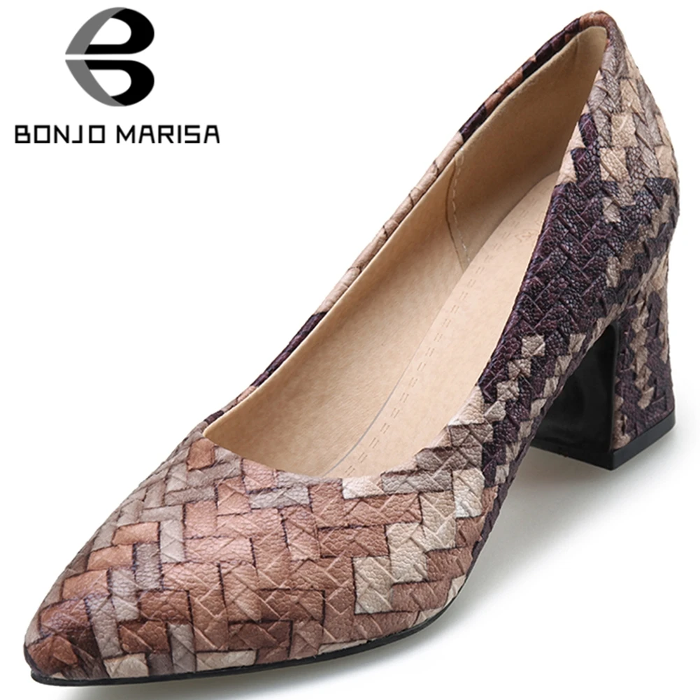 

BONJOMARISA Cool Ladies Fashion Plaited Date Pumps Elegant mixed-color Shallow Pumps Women OL High Block Heels Shoes Woman