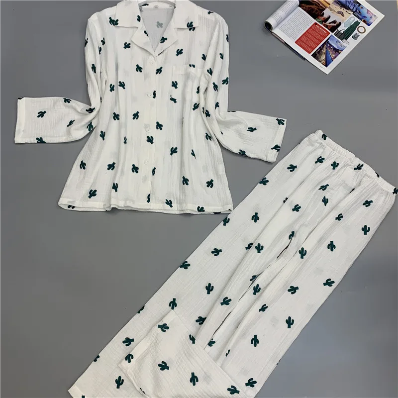 

QWEEK Cotton Long Sleeve Sleepwear 2 Piece Japanese-style Cactus Print Pajamas Women Winter Double Gauze Warm Pyjamas Women Set