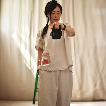 

Women Loose Cotton Linen Patchwork V Neck Summer T-shirt Shirts Female Vintage Spliced Short Sleeve Tees Tops Ladies Shirt 2020