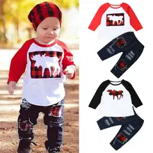 Pudcoco/Коллекция года, осенняя Рождественская футболка с оленем для новорожденных мальчиков длинные джинсовые штаны Рождественский наряд праздничная одежда