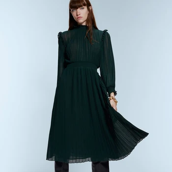 

Stand Collar Dresses Women Fashion Lined Fold Elastic Waist Dress Women Elegant Wrist Mid Calf Dresses Female Ladies JH