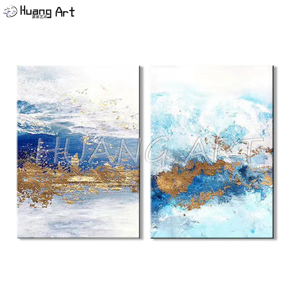 Artist Hand-Painted High Quality Modern Gilding Abstract Canvas Oil Painting for Wall Room Decor Blue and Gold | Дом и сад