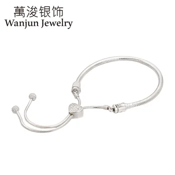 

Wanjun Jewelry 100% 925 Sterling Silver Valentine's Day Heart Bracelet with Adjustable Snake Bracelets DIY Bangles Beads