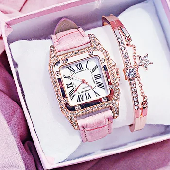 Đồng hồ Nữ thời trang dây da hồng + Vòng tay lắc xinh 1