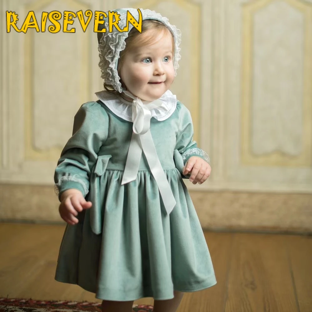 

Spanish Children's Dress Autumn Winter Baby Girl Dress Princess Dresses With Hat Cotton Long Sleeve Green Velvet Dress 1-5 Years