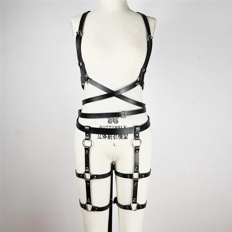 WKY Leather Harness Belt Women 2PCS Sexy Lingerie Body Bondage High Waist Garter Belt Suspenders Belt Punk Goth Stockings Gothic