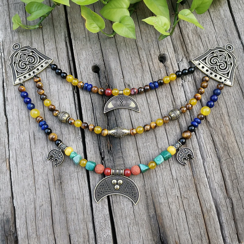 

Ethnic Necklace Stone Beads,Tigers Eye,Yellow Onyx,Moon Pendant,Unique Ethnic Jewelry,Bronze Ethnic Sets Jewelry Gift For You