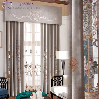 

New Chinese High-End Embroidered Curtains Shading Cotton Linen Fabric Bedroom Living Room with Floor-to-Ceiling Windows curtains