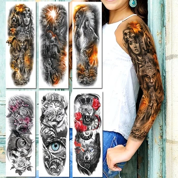 

Full Arm Roman Warrior Temporary Tattoos Sticker Realistic Fake Waterproof Colorful Eyes Lion Pyramid Tatoos For Adult Body Art
