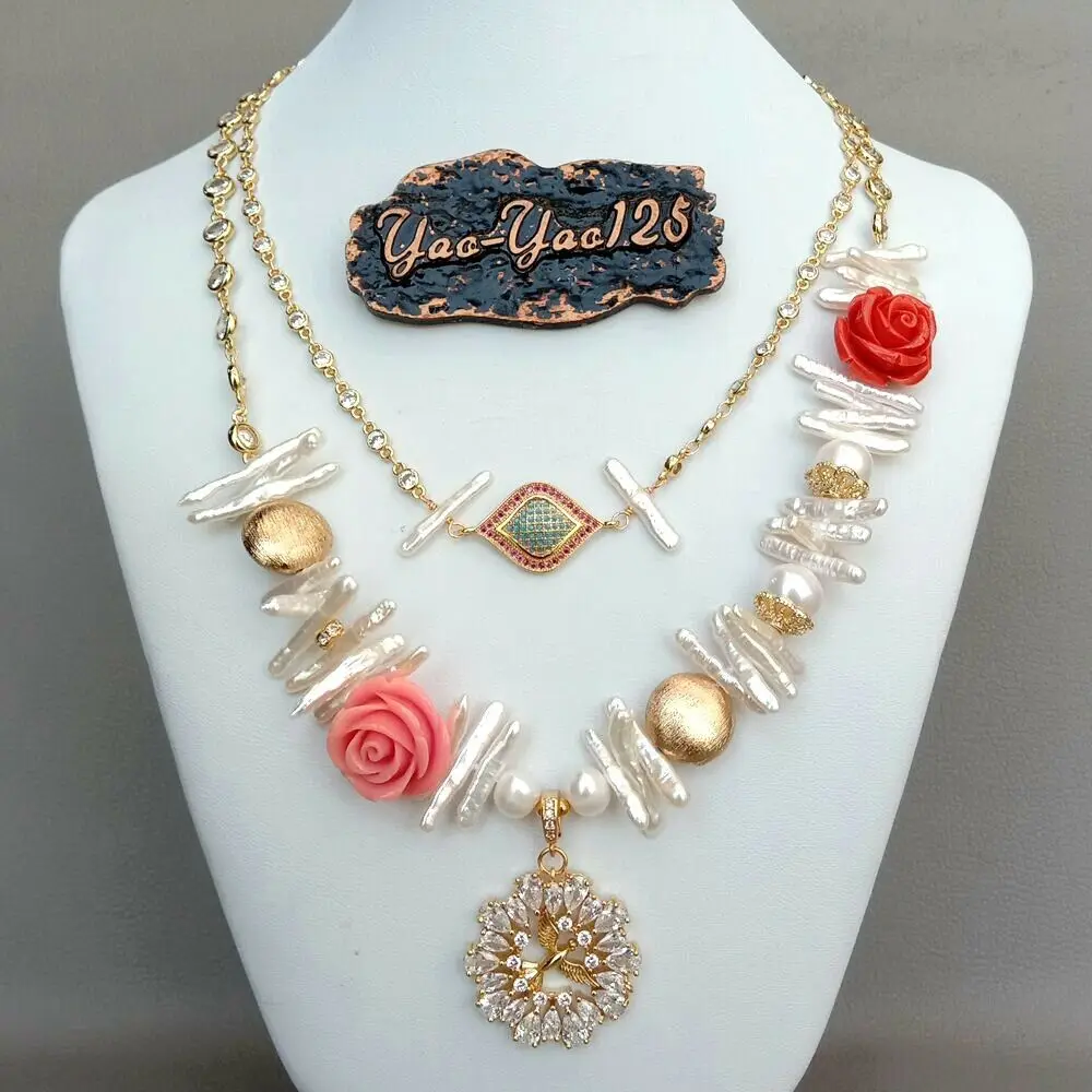 

Freshwater White Biwa Pearl Resin Flower Cz Pave Pendant Chain Necklace 17