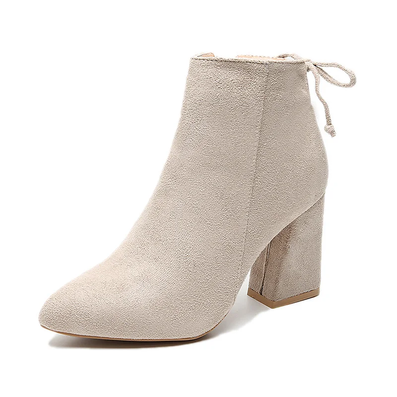 Hot Sale Women Boots Autumn Winter Flock Ankle Boots Female Square High Heels Shoes Woman Zipper Botas Zapatos Mujer - Цвет: Beige