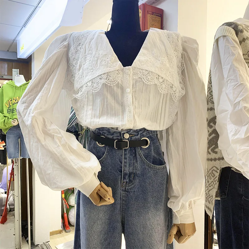

COIGARSAM Korea Style Shirt Womens tops New Spring Office Lady Lace Full Sleeve Chiffon Solid Loose Women shirts White 86397
