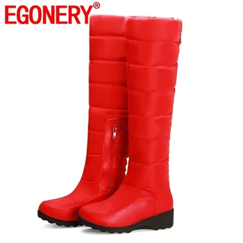 

EGONERY winter new concise snow boots outside warm comfortable zip over knee boots mid heels plus size women shoes drop shipping