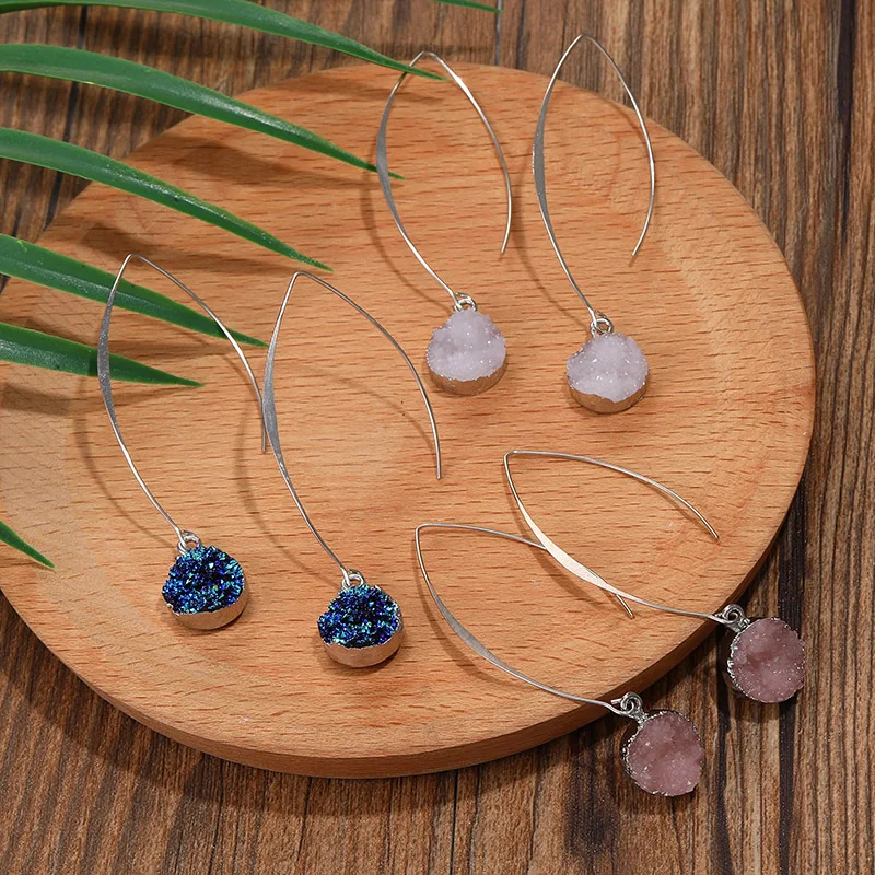 2023 New Round Druzy Earrings for Women Trendy Silver Color Pink Crystal  Resin Stone Long Dangle Drop Earring Designer Jewelry