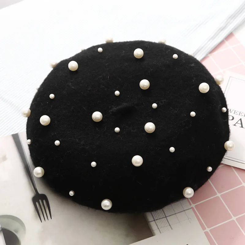 New Woman Imitation Pearl French Pairs Beret Hat Tuque Pour Femme Winter Black Red Yellow Pink Wool Berets Caps for Women