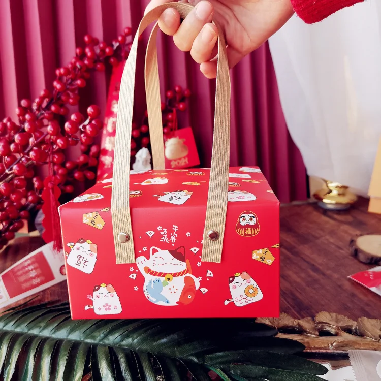 10PCS Happy lucky Cat Portable Paper Box Baking Tea Box Red Leather Handle box Wedding birthday gift holiday packaging Handbag