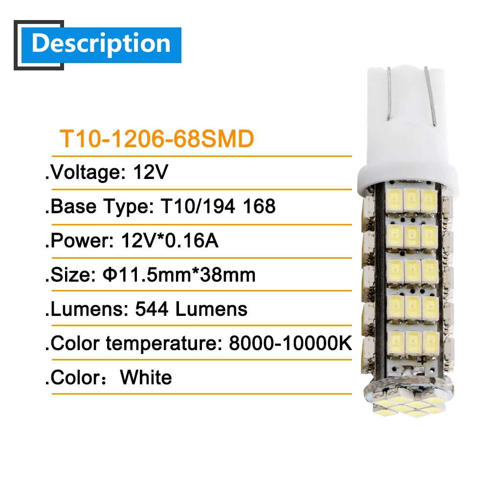 4PCS/20PCS T10 W5W 194 927 161 1206 68 SMD  LED  Leds        12V 