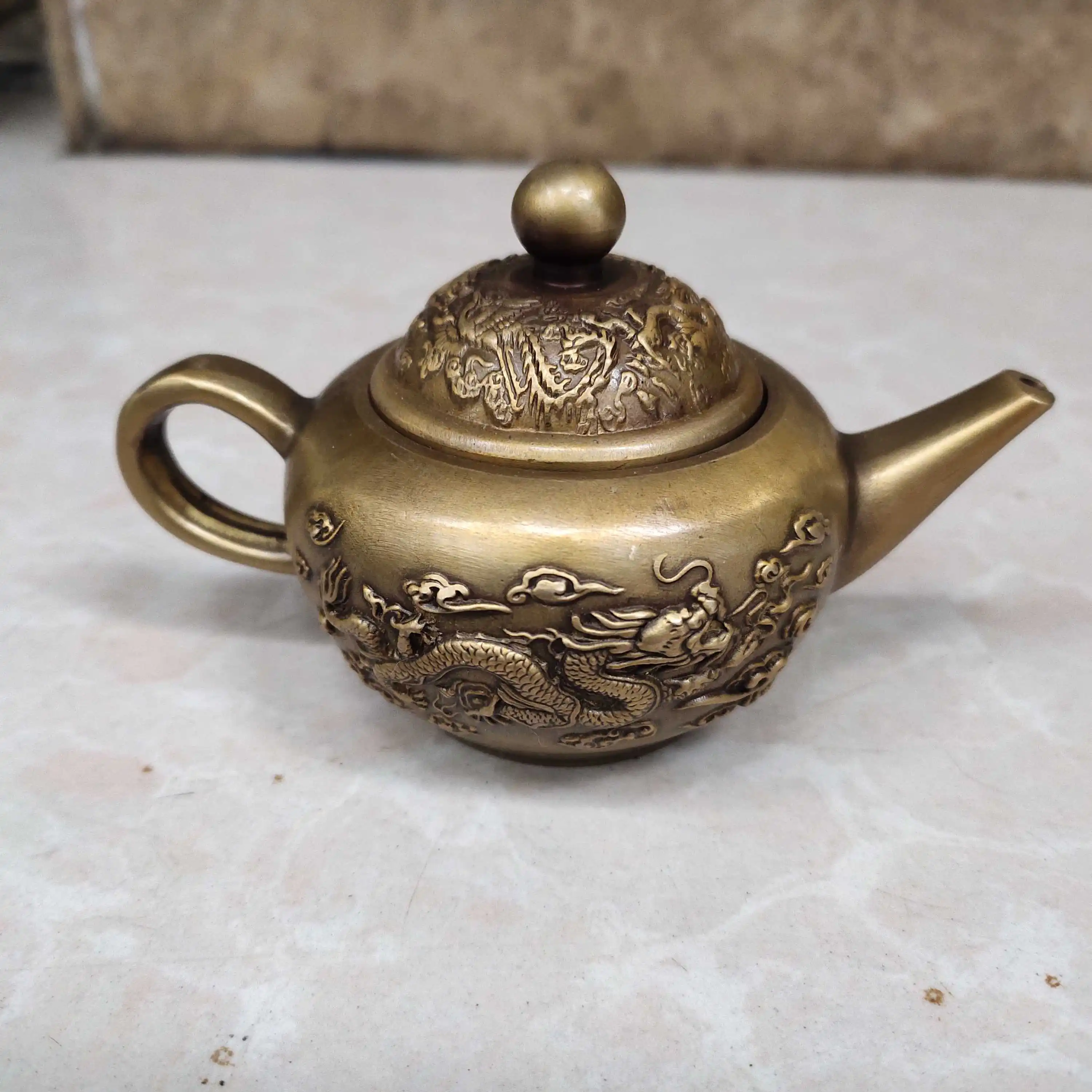 Brass Vintage Handmade Artwork Chinese Pure Copper Dragon Tea Pot Flagon Decor 
