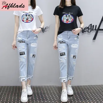 

Summer Korean Two-Piece Set Loose Short-Sleeved Cartoon Print Round Neck T-Shirt + High Waist Hole Pants Casual Two-Piece Set