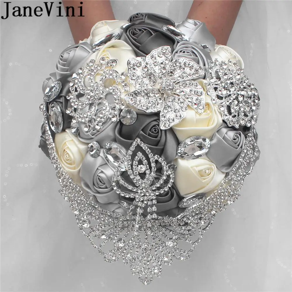 JaneVini Luxury Silver Rhinestone Wedding Bouquet Charm Gray Beaded Crystal Satin Bridal Flowers Bouquets Weeding Accessoire