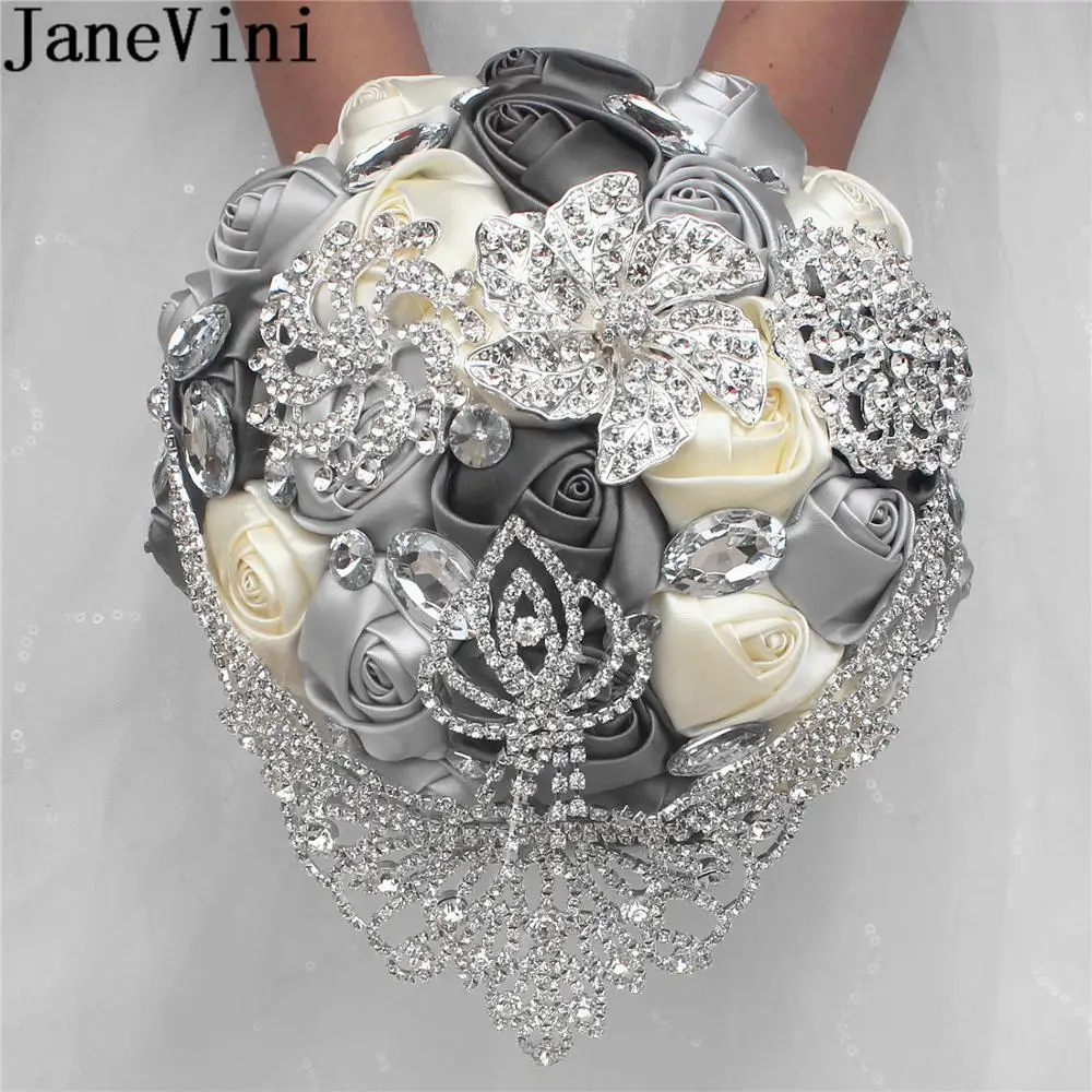 

JaneVini Luxury Silver Rhinestone Wedding Bouquet Charm Gray Beaded Crystal Satin Bridal Flowers Bouquets Weeding Accessoire