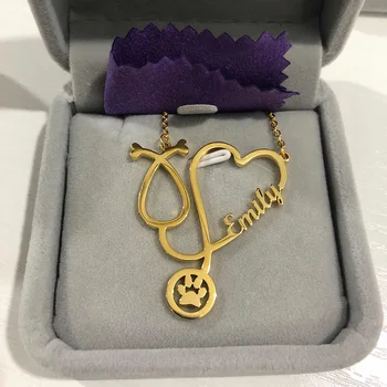 

Custom Heart Paw Stethoscope Name Necklace Stainless Steel Gold Chain Necklaces For Women Nurse Doctor Christmas Jewelry Gift